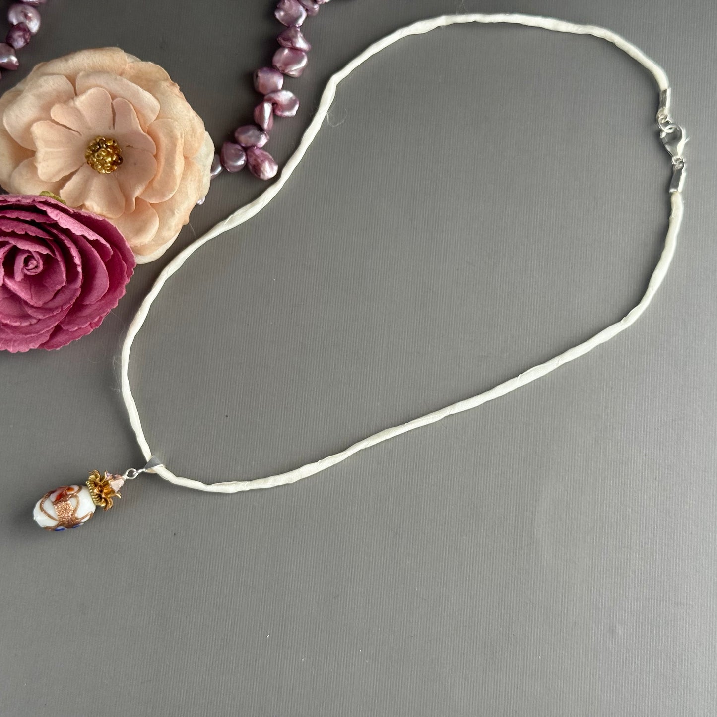 Vintage White Oval Italian Wedding Cake Pendant in Sterling Silver