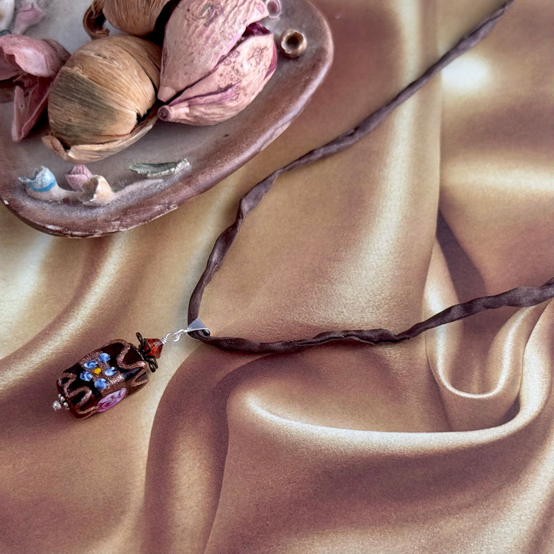 Vintage Italian Brown Rectangle Wedding Cake Pendant on Hand Dyed Silk in Sterling Silver