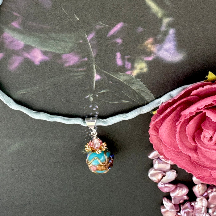 Vintage Blue Round Italian Wedding Cake Pendant in Sterling Silver