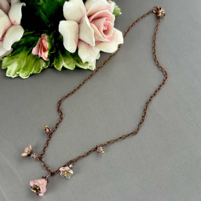 Pink Czech Glass Trumpet Beads on Copper