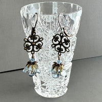 Vintage-Style Blue Czech Glass Flower Earrings on Brass Filigree Components in Sterling Silver