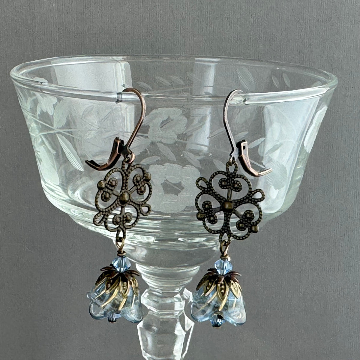 Vintage-Style Blue Czech Glass Flower Earrings on Brass Filigree Components in Sterling Silver