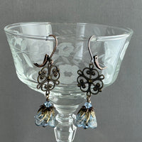 Vintage-Style Blue Czech Glass Flower Earrings on Brass Filigree Components in Sterling Silver