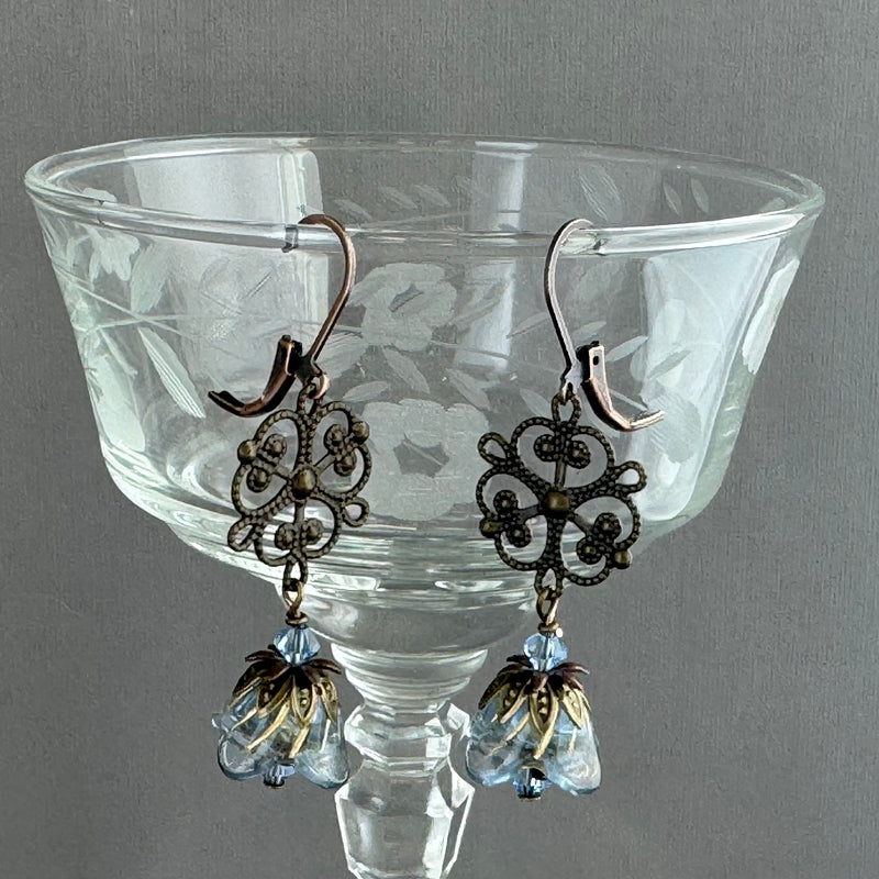 Vintage-Style Blue Czech Glass Flower Earrings on Brass Filigree Components in Sterling Silver