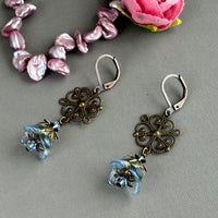 Vintage-Style Blue Czech Glass Flower Earrings on Brass Filigree Components in Sterling Silver