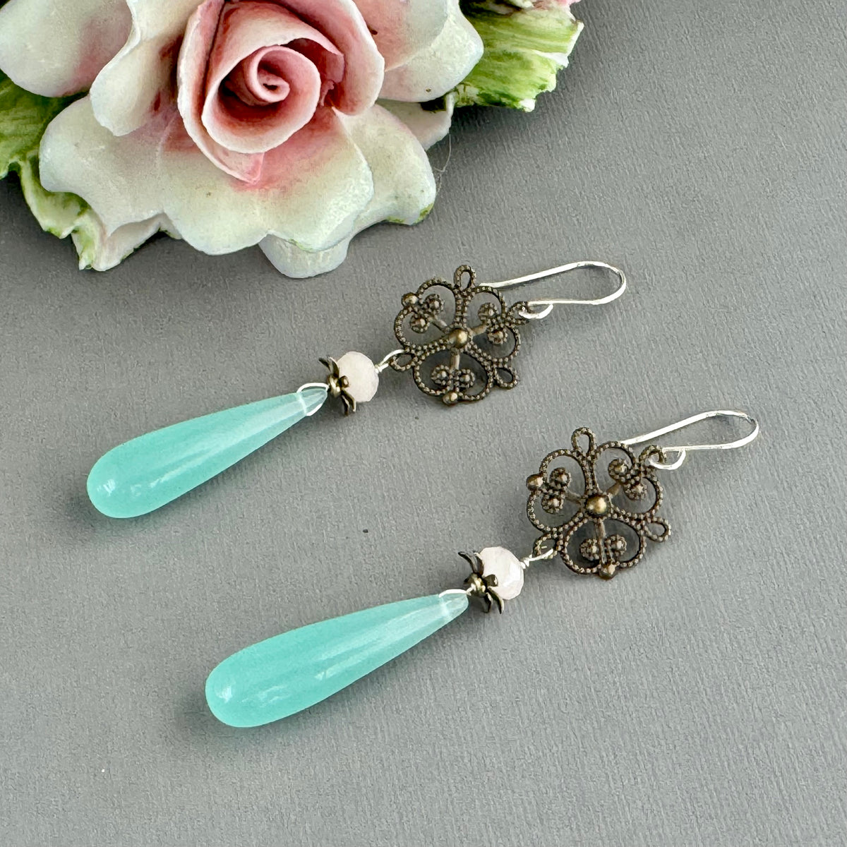 Long Sea Foam Green Drop Earrings in Sterling Silver