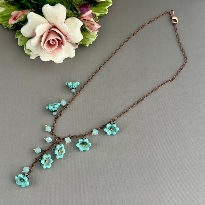 Turquoise Czech Glass Wildflower Bead Necklace on Copper