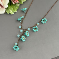 Turquoise Czech Glass Wildflower Bead Necklace on Copper