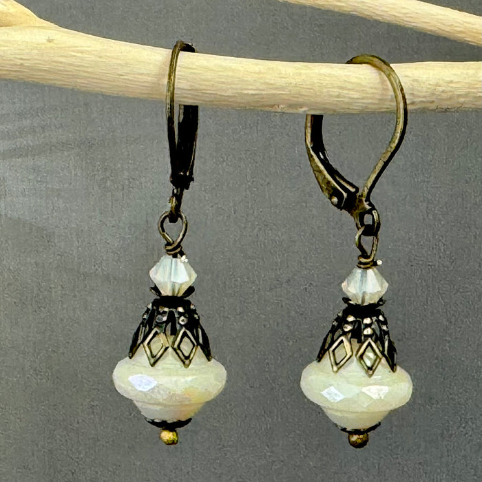 Czech Opaque Saturn Earrings in Antique Brass