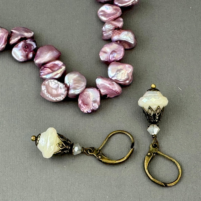 Czech Opaque Saturn Earrings in Antique Brass