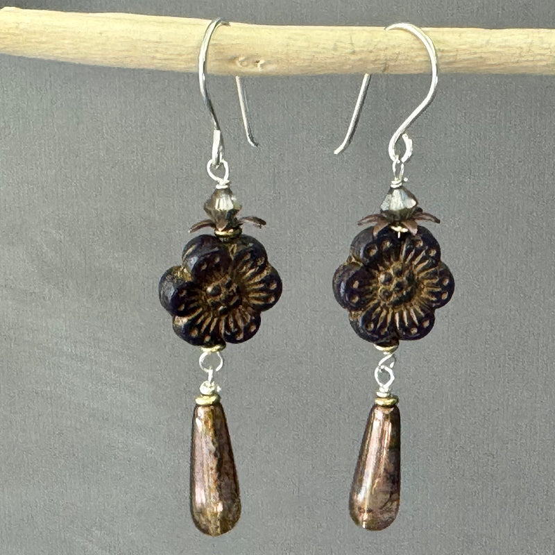 Purple and Bronze Czech Glass Flower and Drop Earrings in Sterling Silver