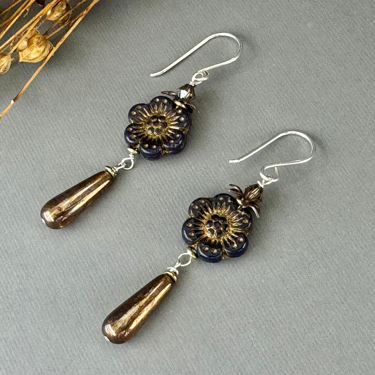Purple and Bronze Czech Glass Flower and Drop Earrings in Sterling Silver