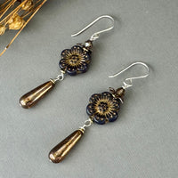 Purple and Bronze Czech Glass Flower and Drop Earrings in Sterling Silver