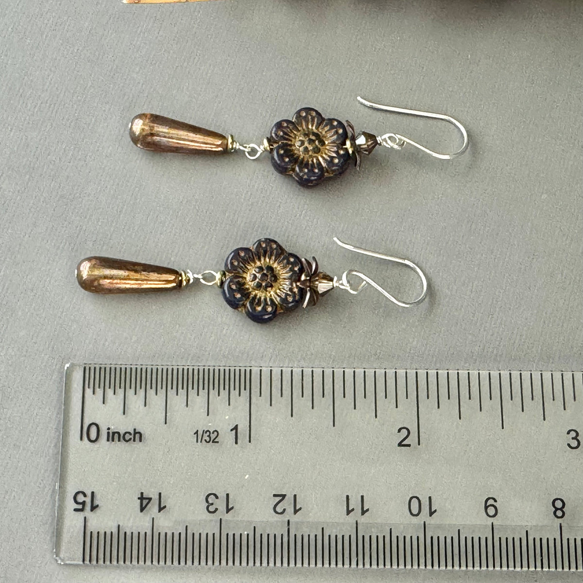 Purple and Bronze Czech Glass Flower and Drop Earrings in Sterling Silver