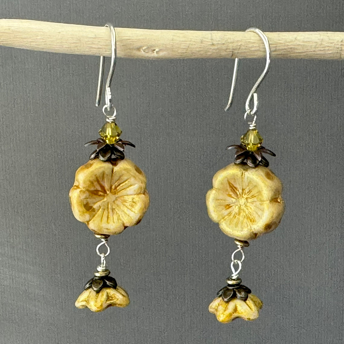Yellow and Gold Puffy Czech Glass Hibiscus Flower Drop Earrings in Sterling Silver