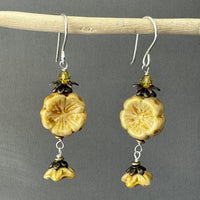 Yellow and Gold Puffy Czech Glass Hibiscus Flower Drop Earrings in Sterling Silver