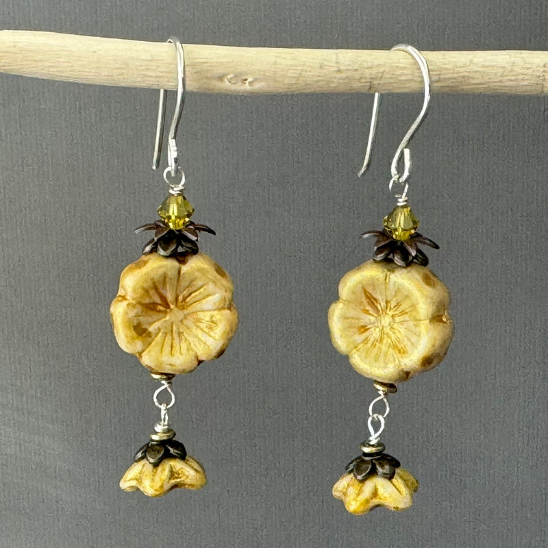 Yellow and Gold Puffy Czech Glass Hibiscus Flower Drop Earrings in Sterling Silver