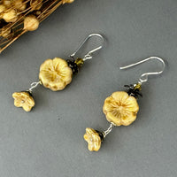 Yellow and Gold Puffy Czech Glass Hibiscus Flower Drop Earrings in Sterling Silver