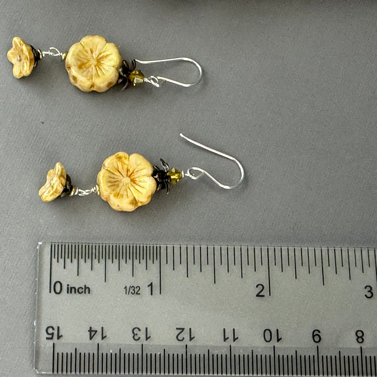 Yellow and Gold Puffy Czech Glass Hibiscus Flower Drop Earrings in Sterling Silver