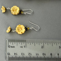 Yellow and Gold Puffy Czech Glass Hibiscus Flower Drop Earrings in Sterling Silver