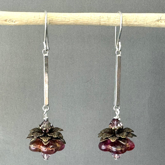 Czech Glass Dark Pink Flat Flower Drop Earrings on Sterling Silver Bar