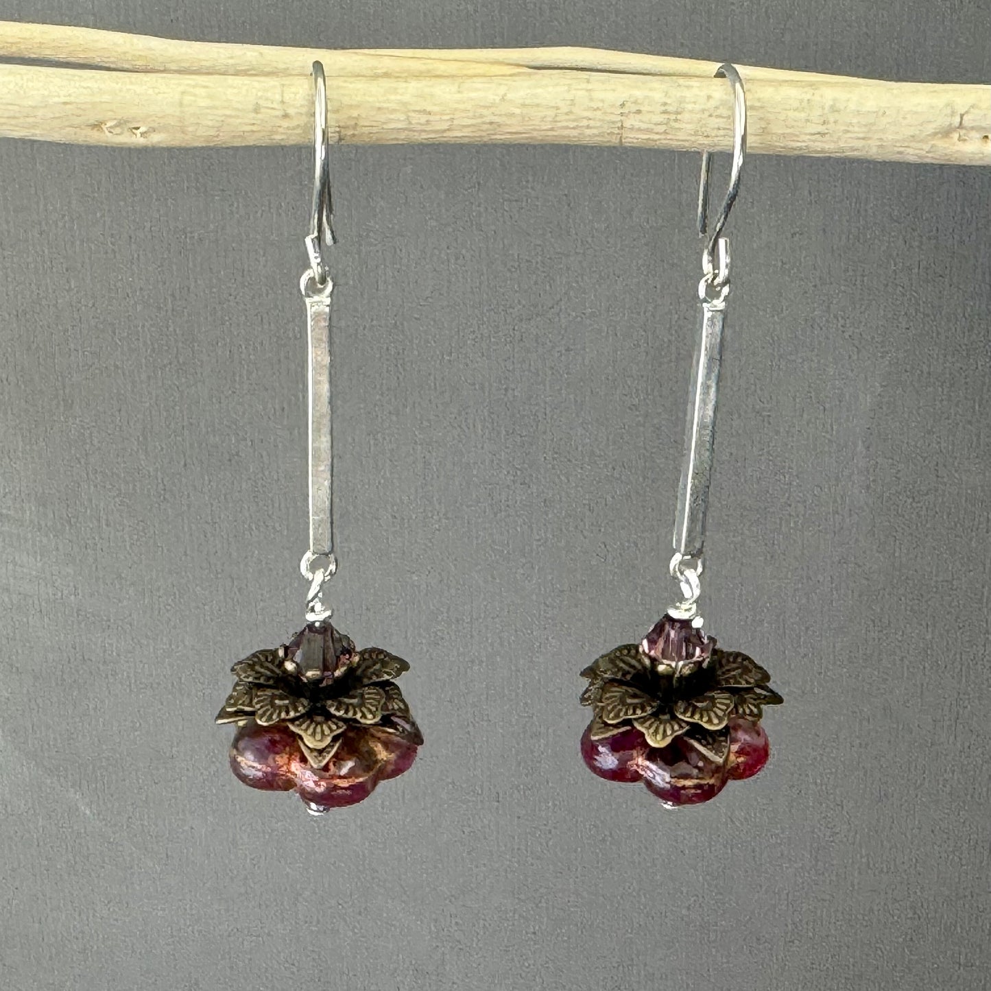 Czech Glass Dark Pink Flat Flower Drop Earrings on Sterling Silver Bar