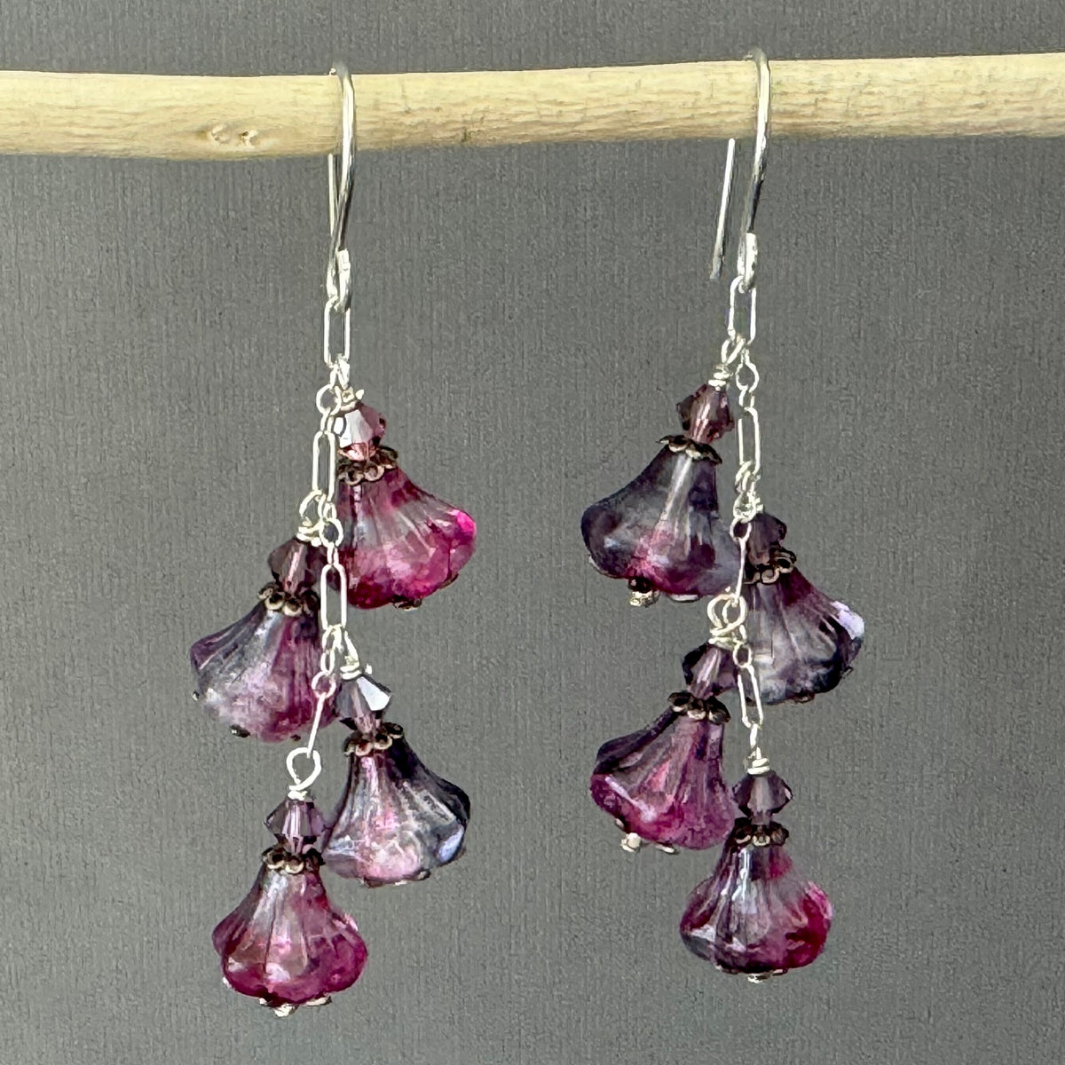 Czech Glass Purple and Pink Trumpet Dangle Earrings in Sterling Silver