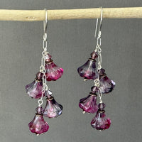 Czech Glass Purple and Pink Trumpet Dangle Earrings in Sterling Silver