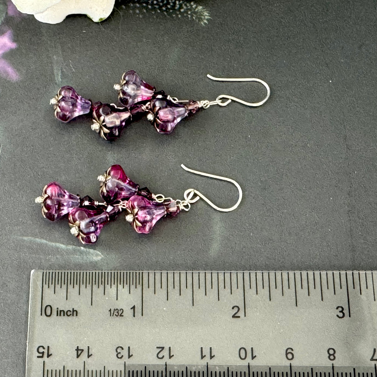 Czech Glass Purple and Pink Trumpet Dangle Earrings in Sterling Silver