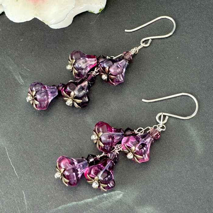 Czech Glass Purple and Pink Trumpet Dangle Earrings in Sterling Silver