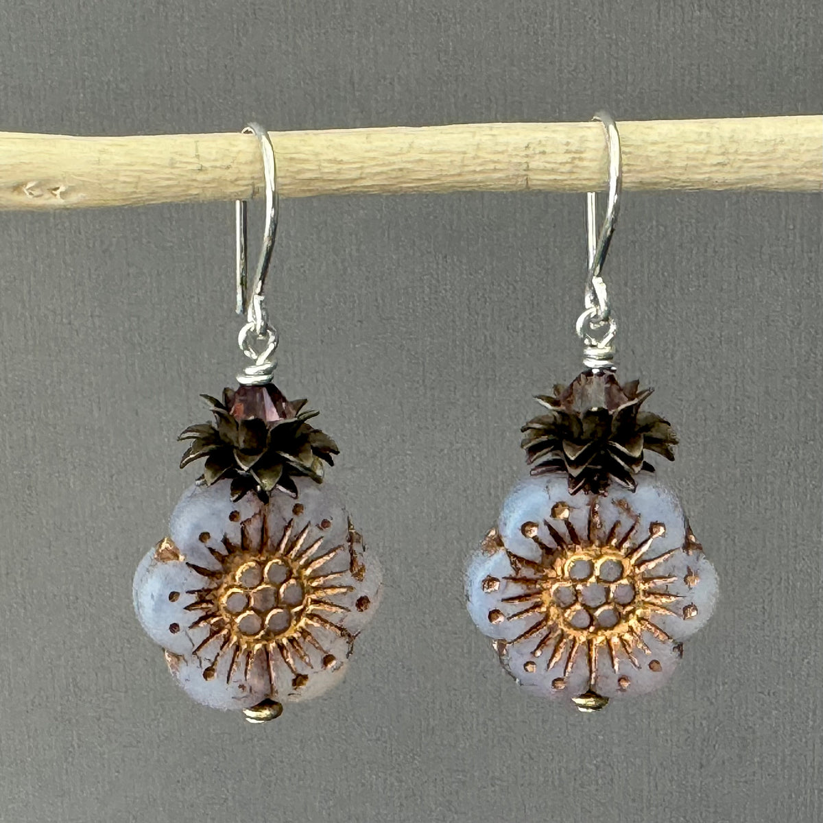 Wild Rose Czech Glass Flower Earrings in Sterling Silver