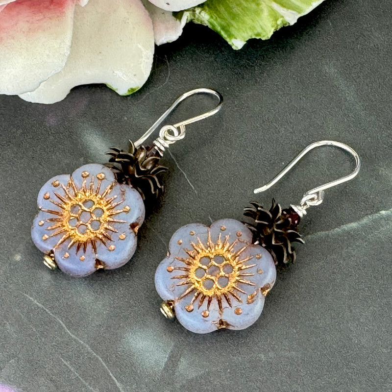 Wild Rose Czech Glass Flower Earrings in Sterling Silver