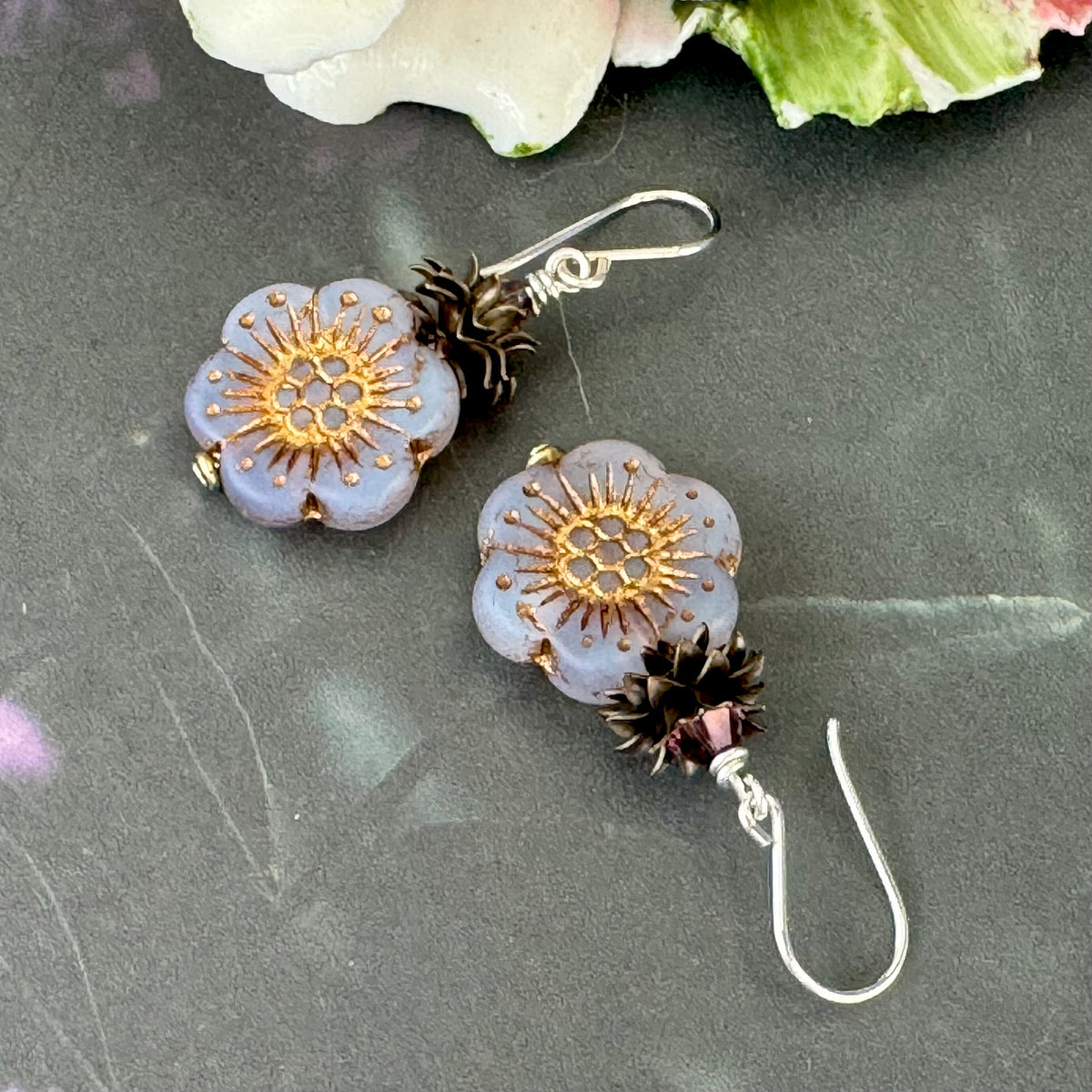 Wild Rose Czech Glass Flower Earrings in Sterling Silver