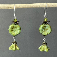 Green and Gold Puffy Czech Glass Hibiscus Flower Drop Earrings in Sterling Silver