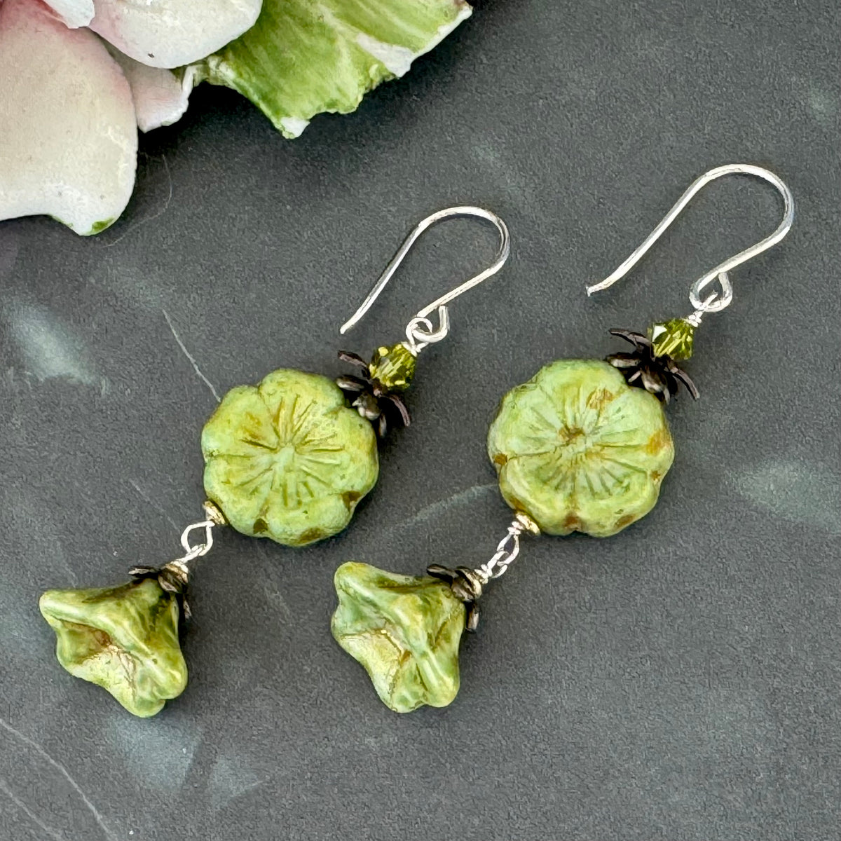 Green and Gold Puffy Czech Glass Hibiscus Flower Drop Earrings in Sterling Silver