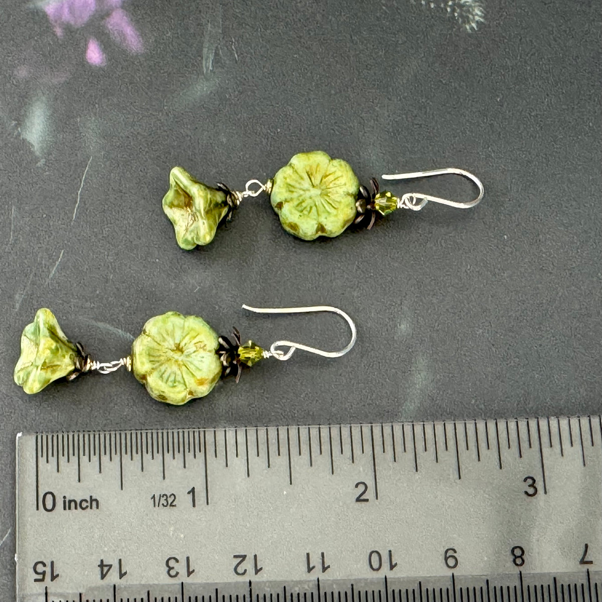 Green and Gold Puffy Czech Glass Hibiscus Flower Drop Earrings in Sterling Silver