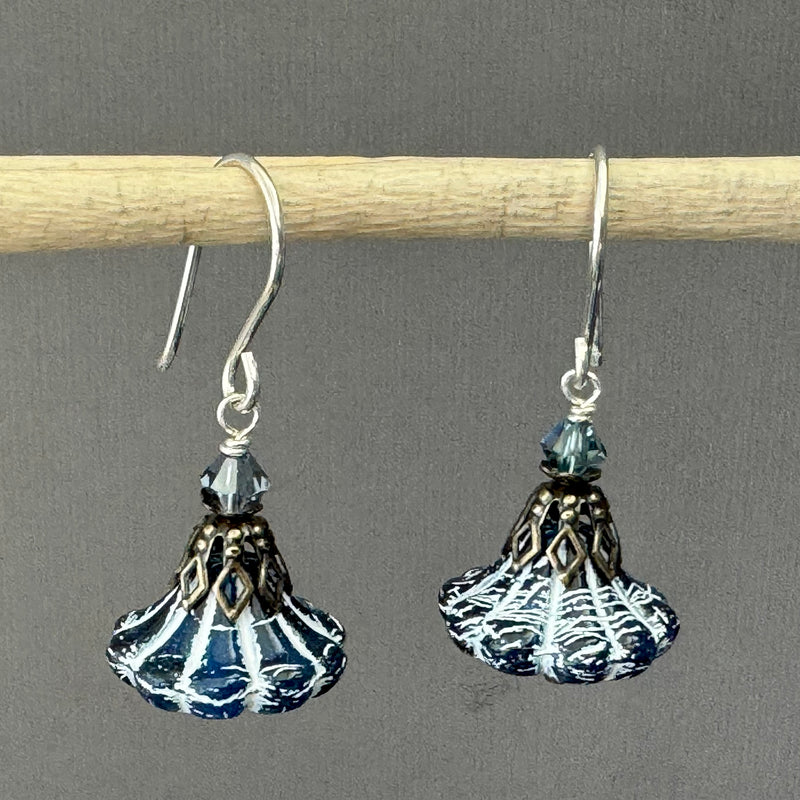 Navy Blue Czech Glass Trumpet Flower Earrings in Sterling Silver
