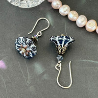 Navy Blue Czech Glass Trumpet Flower Earrings in Sterling Silver
