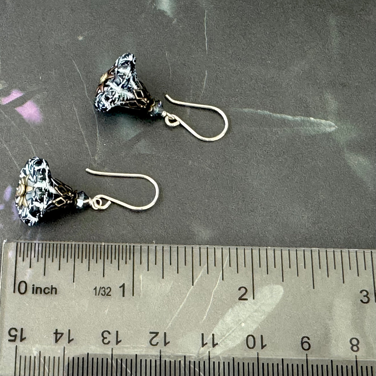 Navy Blue Czech Glass Trumpet Flower Earrings in Sterling Silver