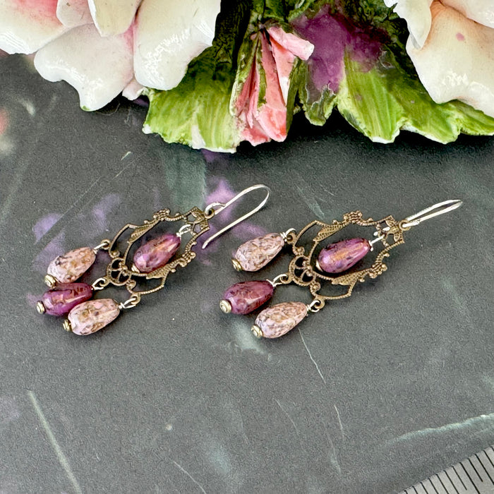 Art Deco Pink Czech Glass Flower Earrings on Brass Filigree Components in Sterling Silver