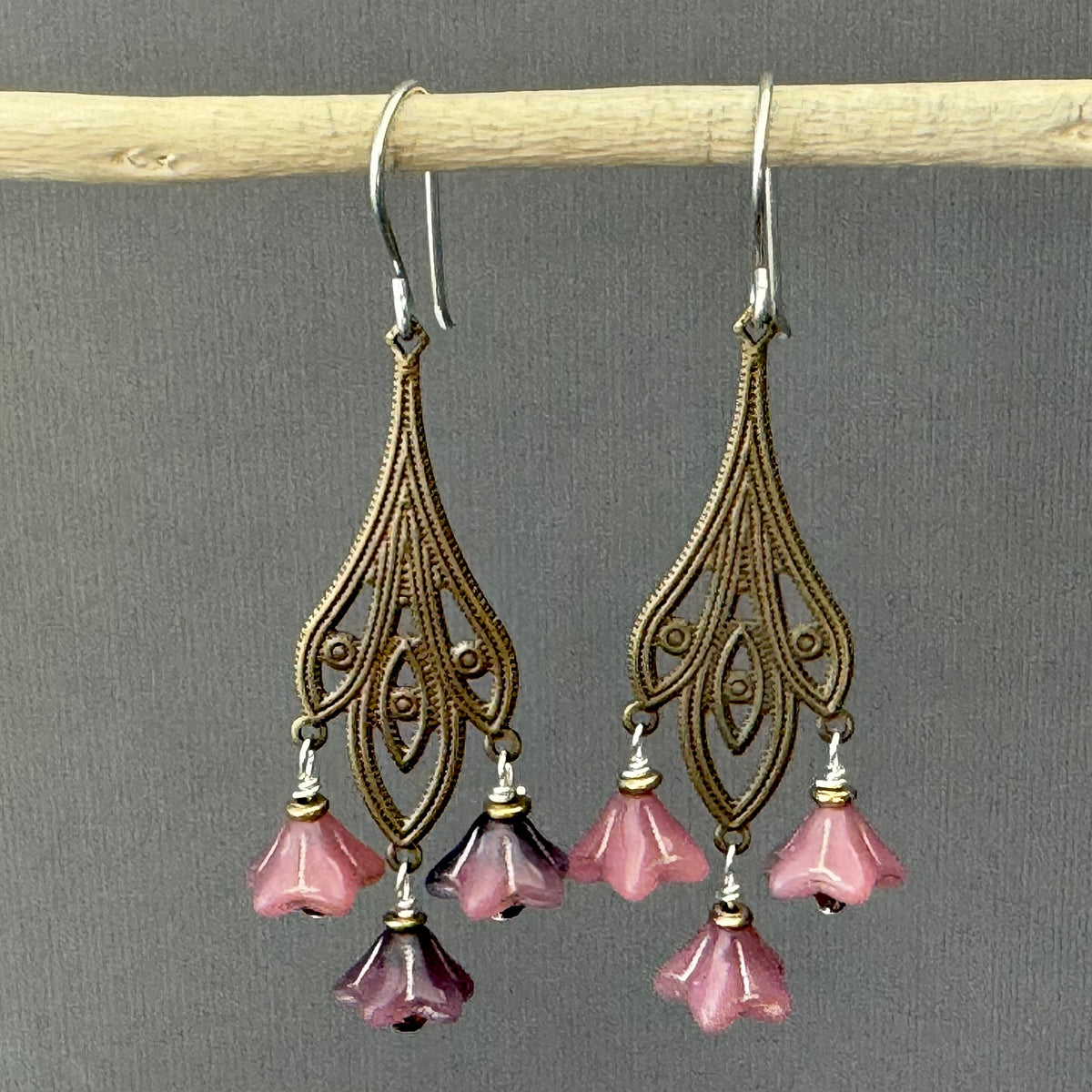 Art Nouveau Pink Czech Glass Flower Earrings on Brass Filigree Components in Sterling Silver