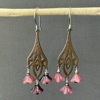Art Nouveau Pink Czech Glass Flower Earrings on Brass Filigree Components in Sterling Silver