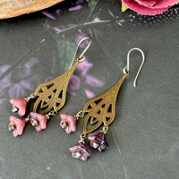 Art Nouveau Pink Czech Glass Flower Earrings on Brass Filigree Components in Sterling Silver