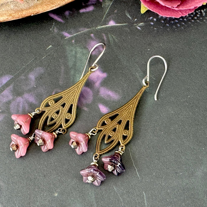 Art Nouveau Pink Czech Glass Flower Earrings on Brass Filigree Components in Sterling Silver