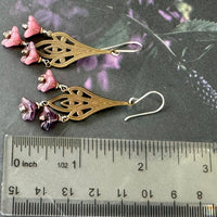 Art Nouveau Pink Czech Glass Flower Earrings on Brass Filigree Components in Sterling Silver