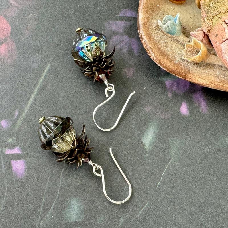 Gray AB Czech Glass Turbine Earrings in Sterling Silver