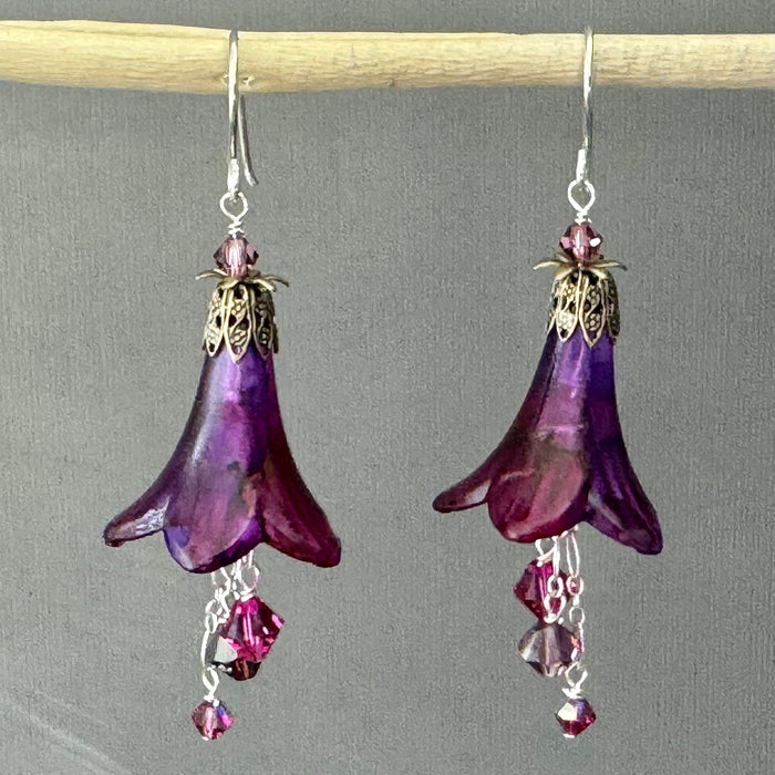 Large Hand Painted Purple Lucite Cone Flower Earrings in Sterling Silver