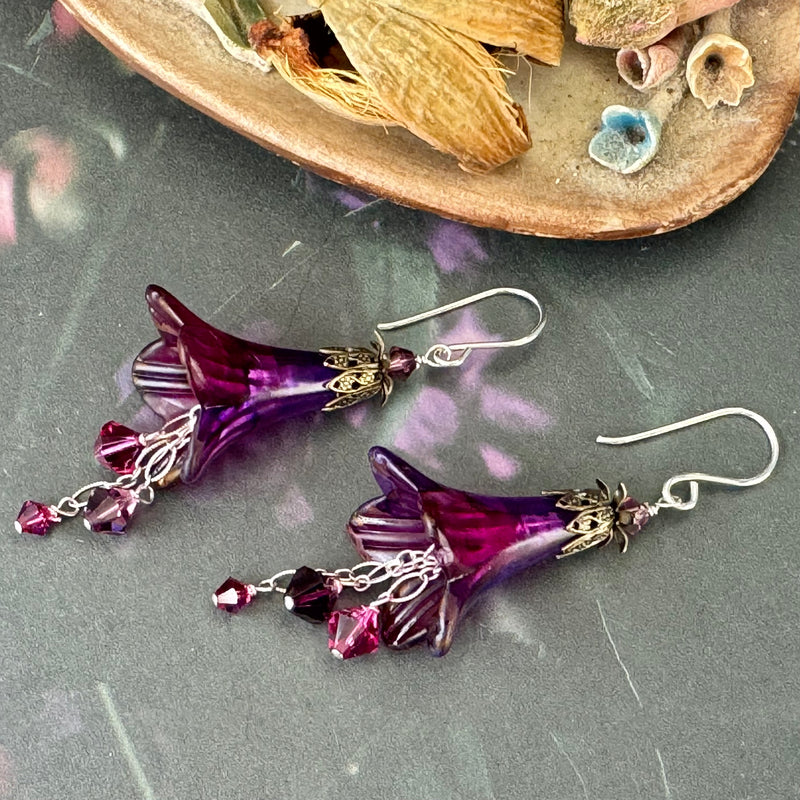Large Hand Painted Purple Lucite Cone Flower Earrings in Sterling Silver