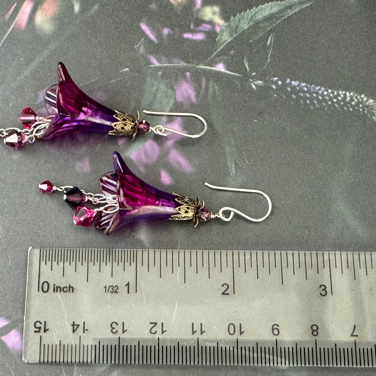 Large Hand Painted Purple Lucite Cone Flower Earrings in Sterling Silver