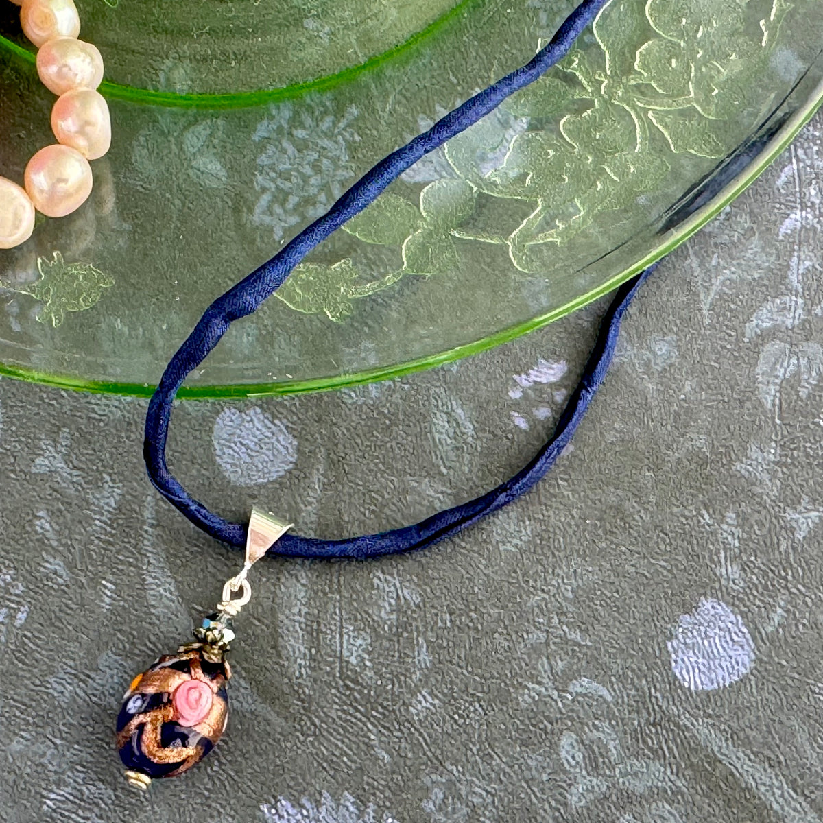 Vintage Italian Blue Oval Wedding Cake Pendant on Hand Dyed Silk in Sterling Silver